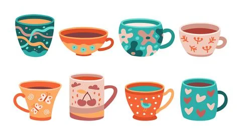 Different cups. Tea cup, scandinavian kitchen coffee mug. Morning english Stock Illustration