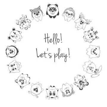 Different cute animals stand in a circle. Inscription Hello, Let's play. 스톡 일러스트