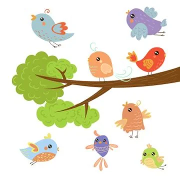 Different Cute Small Birds Sitting And Flying Around Tree Branch 스톡 일러스트