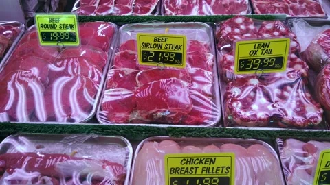 Different cuts of Beef, Lamb, Pork and chicken meat in trays Stock Footage 340048166