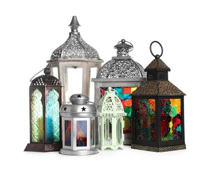 Different decorative Arabic lanterns on white background Stock Photos