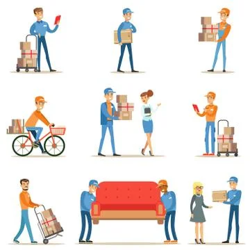 Different Delivery Service Workers And Clients, Smiling Couriers Delivering Stock Illustration