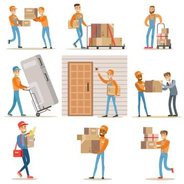 Different Delivery Service Workers And Clients, Smiling Couriers Delivering Food Stock Illustration