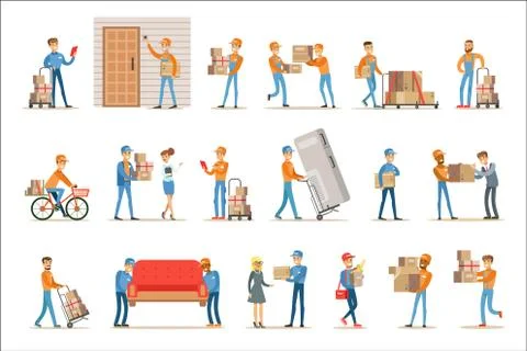 Different Delivery Service Workers And Clients, Smiling Couriers Delivering Stock Illustration