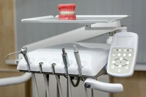 Different dental instruments and tools in a dentists office, dentist tools Stock Photos