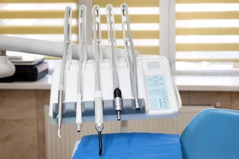 Different dental instruments and tools in a dentists office, dentist tools Stock Photos