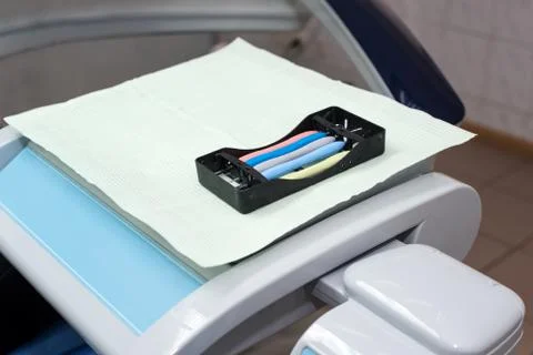 Different dental instruments and tools in a dentists office, dentist tools. P Stock Photos