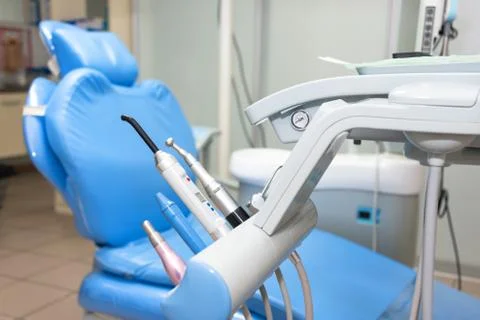 Different dental instruments and tools in a dentists office, dentist tools. P Stock Photos