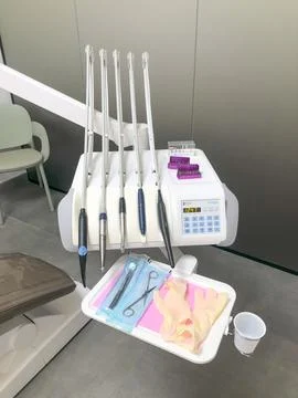 Different dental instruments and tools in a dentists office Stock Photos