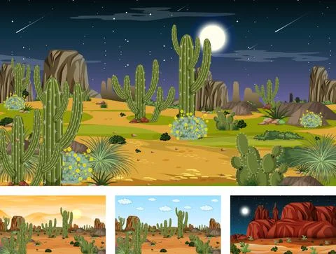 Different desert forest scenes with animals and plants Stock Illustration