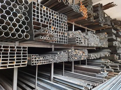Different design and shapes of Mild Steel Railing materials in the shop of sa Stock Photos