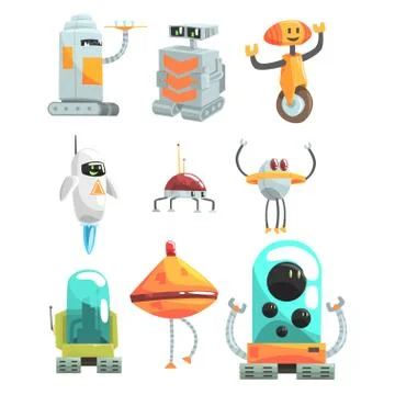 Different Design Public Service Robots Set Of Colorful Cartoon Androids Isolated 스톡 일러스트