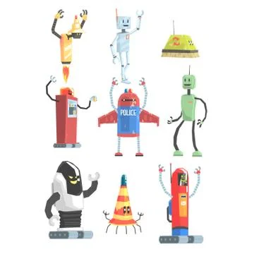 Different Design Public Service Robots Collection Of Colorful Cartoon Androids Illustrazione stock