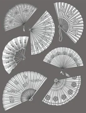 Different Designs Of Antique Foldable Handheld Fan Colorless Line Drawing Stock-Illustration