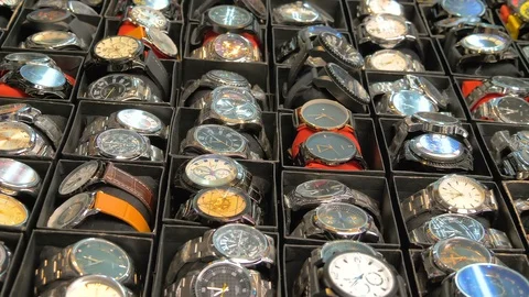 Different designs of watches on the boxes in Osaka Japan Stock Footage 129275127