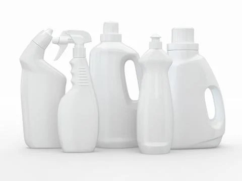 Different detergent bottles on white background. 3d Stock Illustration