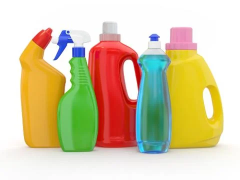 Different detergent bottles on white background. 3d Stock Illustration