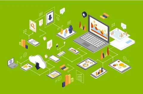 Different devices connected, technology and social media, computer network 库存插图