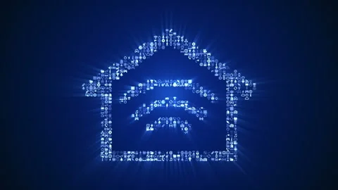 Different digital technology icons form a Smart Home icon on dark background. Stock Footage 85629026