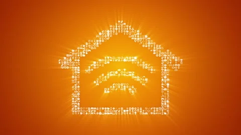 Different digital technology icons form a Smart Home icon on gold background. Stock Footage 85629035