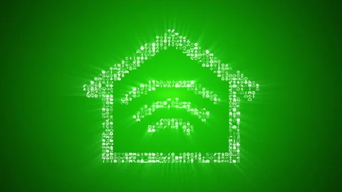 Different digital technology icons form a Smart Home icon on green background. Stock Footage 85629082