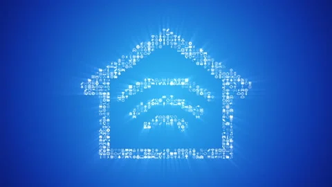 Different digital technology icons form a Smart Home icon on light blue back. Stock Footage 85629121