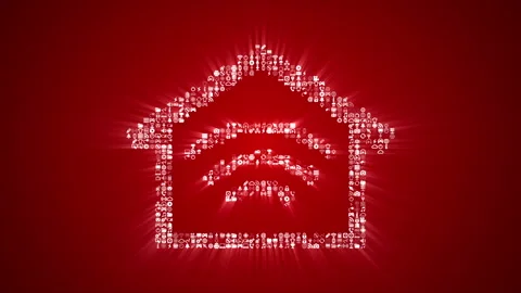 Different digital technology icons form a Smart Home icon on red background. Stock Footage 85629128
