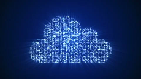 Different digital technology icons form a Cloud Computing icon on dark back. Stock Footage 85629384