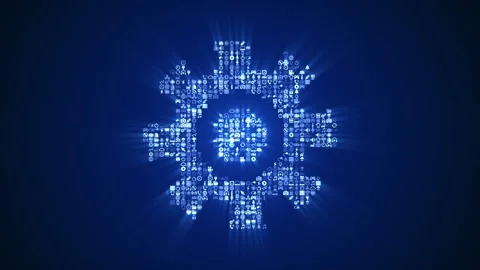 Different digital technology icons form rotating gear icon on dark blue back. Stock Footage 85629601