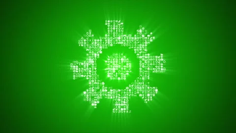 Different digital technology icons form rotating gear icon on green background. Stock Footage 85629658