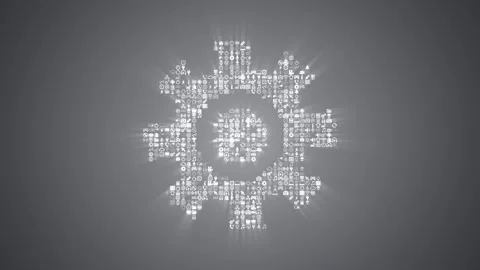 Different digital technology icons form rotating gear icon on grey background. Stock Footage 85629678