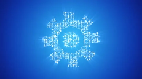 Different digital technology icons form rotating gear icon on light blue back. 스톡 동영상 85629723