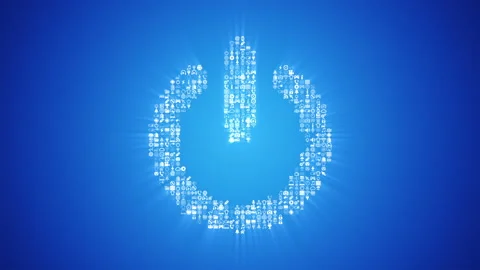 Different digital technology icons form an on/off symbol on light blue back. Stock Footage 85629735