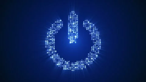 Different digital technology icons form an on/off symbol on dark blue back. Stock Footage 85629794