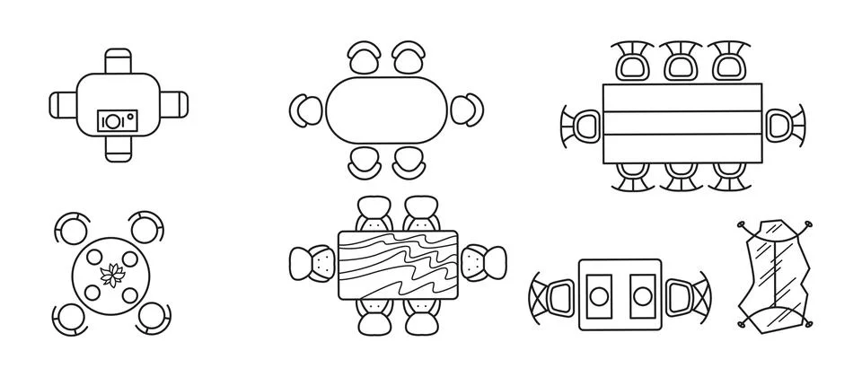 Different dining table arrangements in top view Stock Illustration