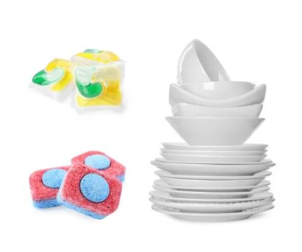 Different dishwasher detergents and stack of clean tableware isolated on wh.. Stock Photos