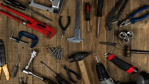 Different do it yourself hand tools moving for logo intro 스톡 동영상 121465610