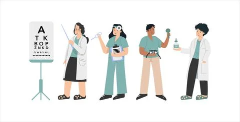 Different doctors stand in the hospital in different positions and from Stock Illustration