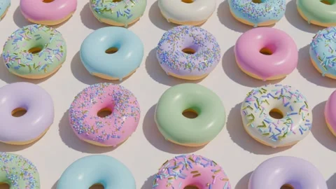 Different donuts aligned (grid) under changing sunlight, 3D animation Stock Footage 289976552