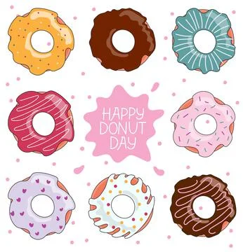 Different donuts and text happy donut day Illustrazione stock