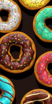 Different donuts lying on black background Stock Illustration