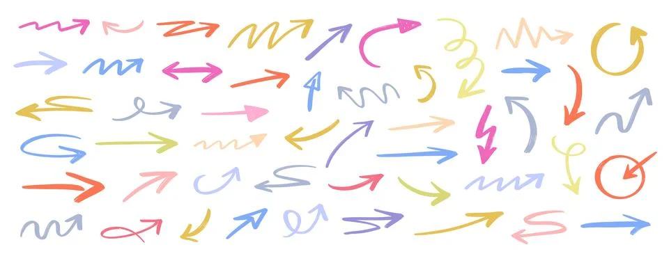 Different doodle hand drawn scribble arrows set. Illustrazione stock