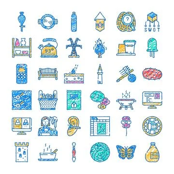 Different doodle icons representing various concepts and objects イラスト素材