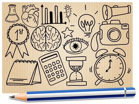 Different doodle strokes about school equipment on a paper with a pencil Stock Illustration