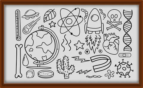 Different doodle strokes about science equipment in wooden frame Stock Illustration