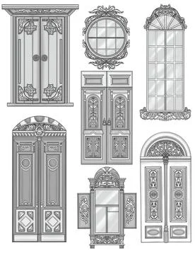 Different Doors And Windows Classical Designs Colorless Line Drawings. Vintage Stock Illustration