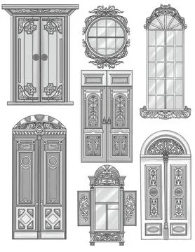 Different Doors And Windows Classical Designs Colorless Line Drawings. Vint.. Stock Illustration
