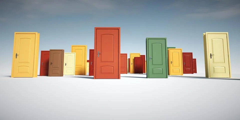 Different doors. Difficult choice and decision making concept. Stock Illustration