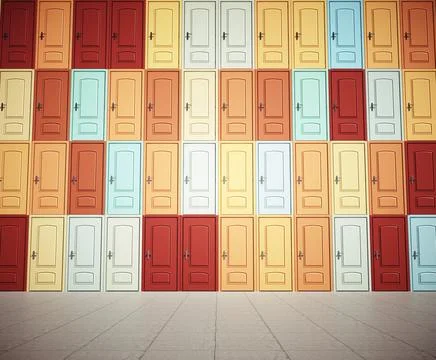 Different doors on wall. Illustrazione stock