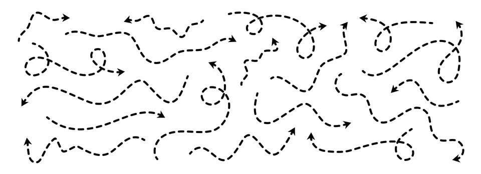 Different dotted thin arrows set. Wavy and curved dashed pointers collection Stock Illustration